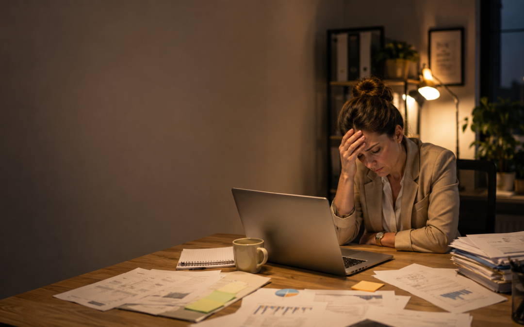 Small business owner working alone late at night, looking overwhelmed while managing paperwork and employee responsibilities without HR support.